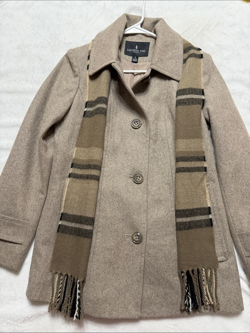 London Fog Taupe Wool-Blend Pea Coat with Olive-Striped Scarf